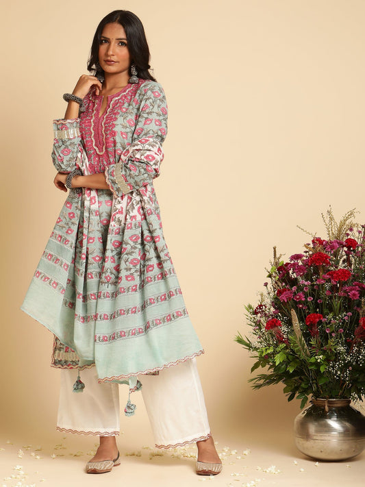 Slate Peony Embroidered Organic Cotton Hand Block Printed Kurta - (3 Pcs Set)
