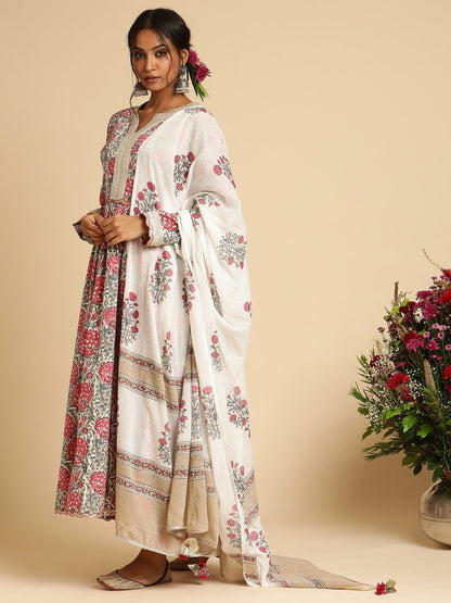 Fuchsia Marigold Anarkali Organic Cotton Hand Block Printed Kurta - (3 Pcs Set)