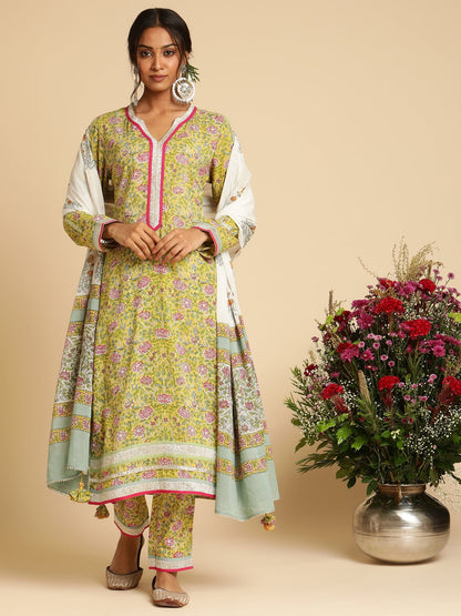 Yellow Rose Jaal Organic Cotton Hand Block Printed Kurta - (3 Pcs Set)