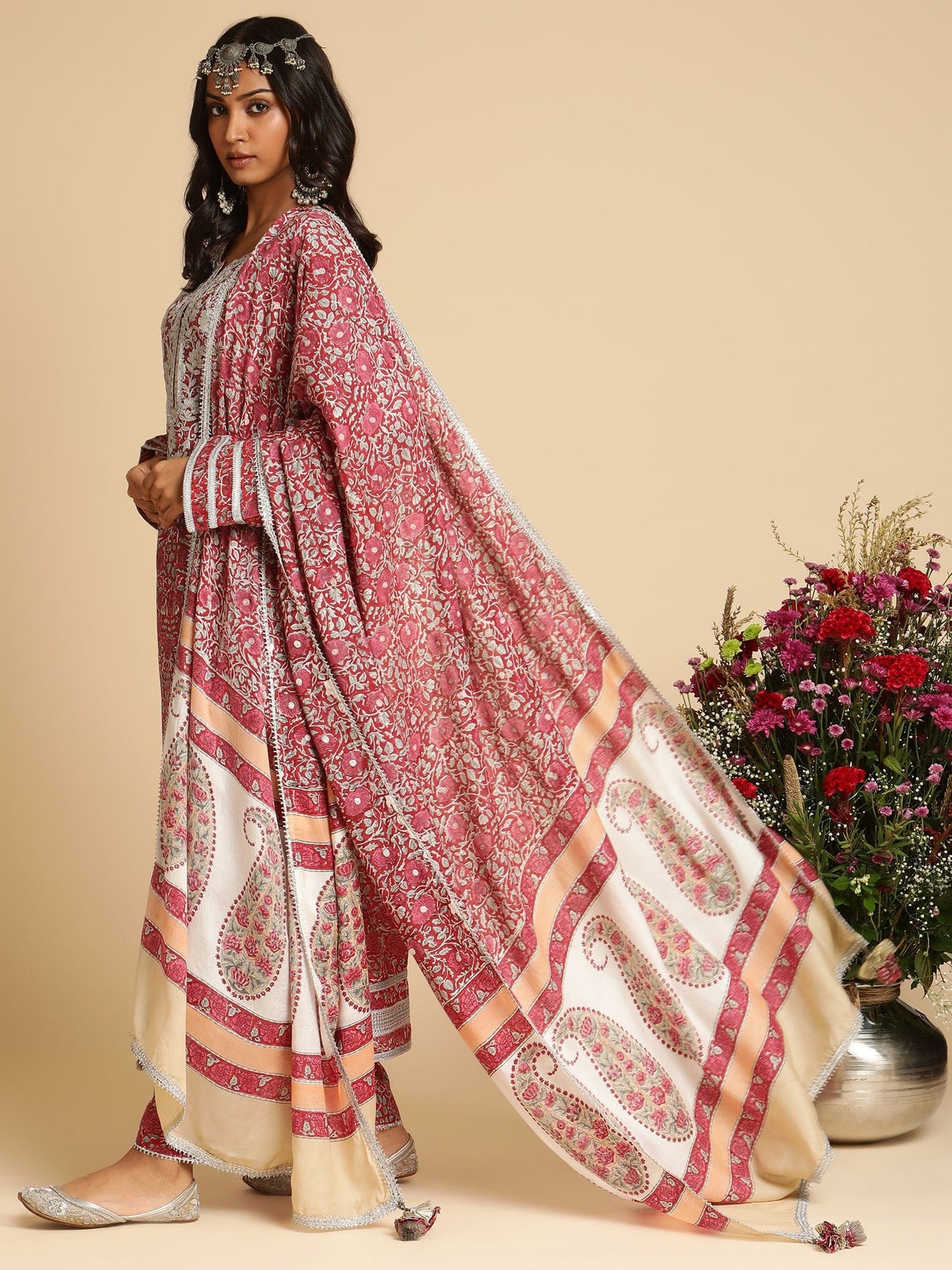 Red Rose Jaal Embroidered Cotton Silk Hand Block Printed Kurta  - (3 Pcs Set)