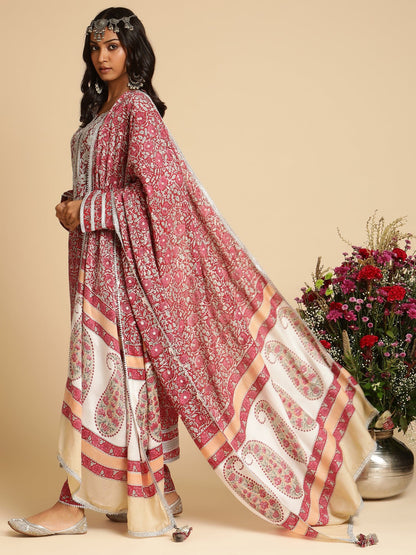 Red Rose Jaal Embroidered Cotton Silk Hand Block Printed Kurta  - (3 Pcs Set)