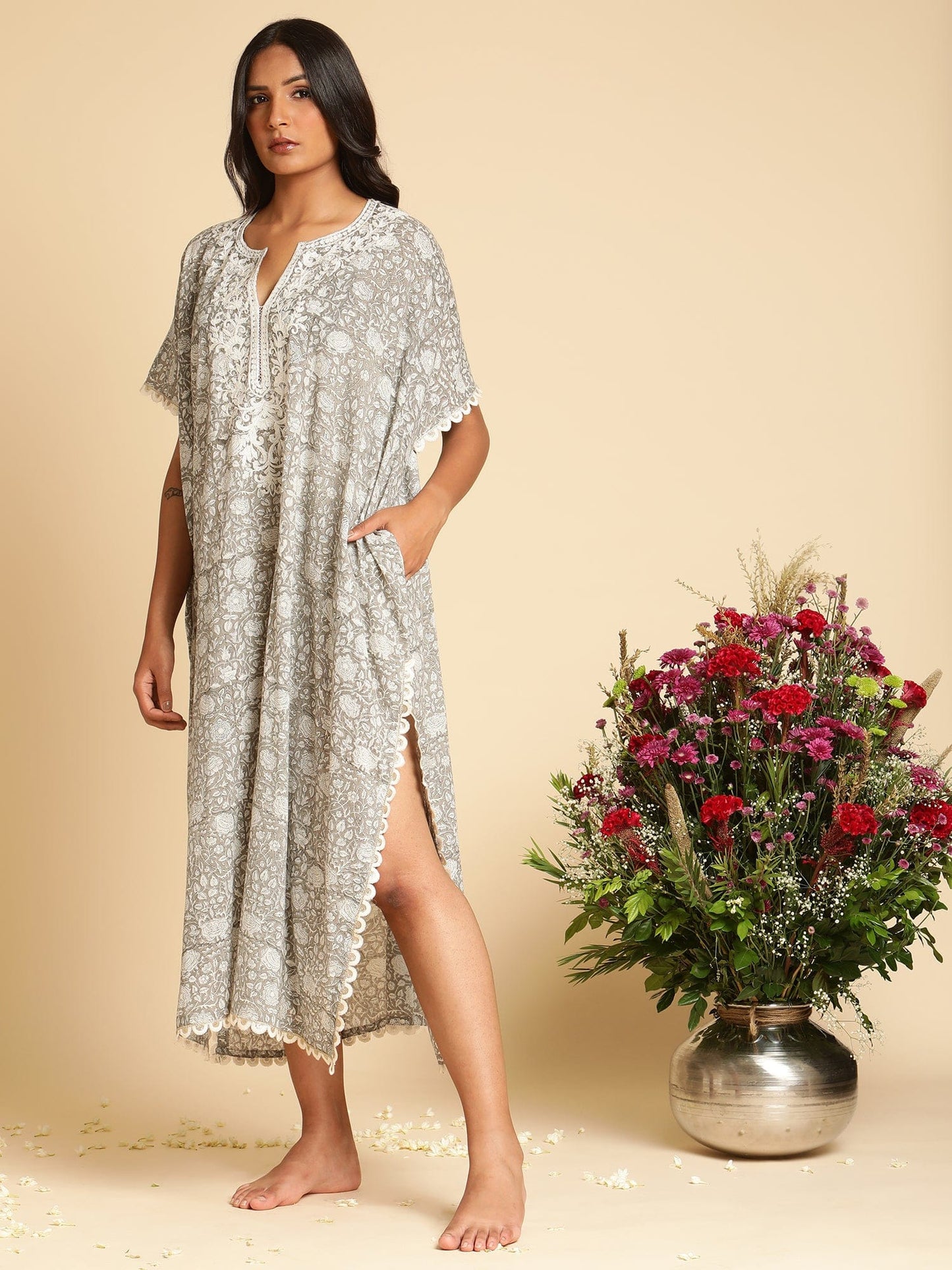 Grey Rose Jaal Organic Cotton Kaftan