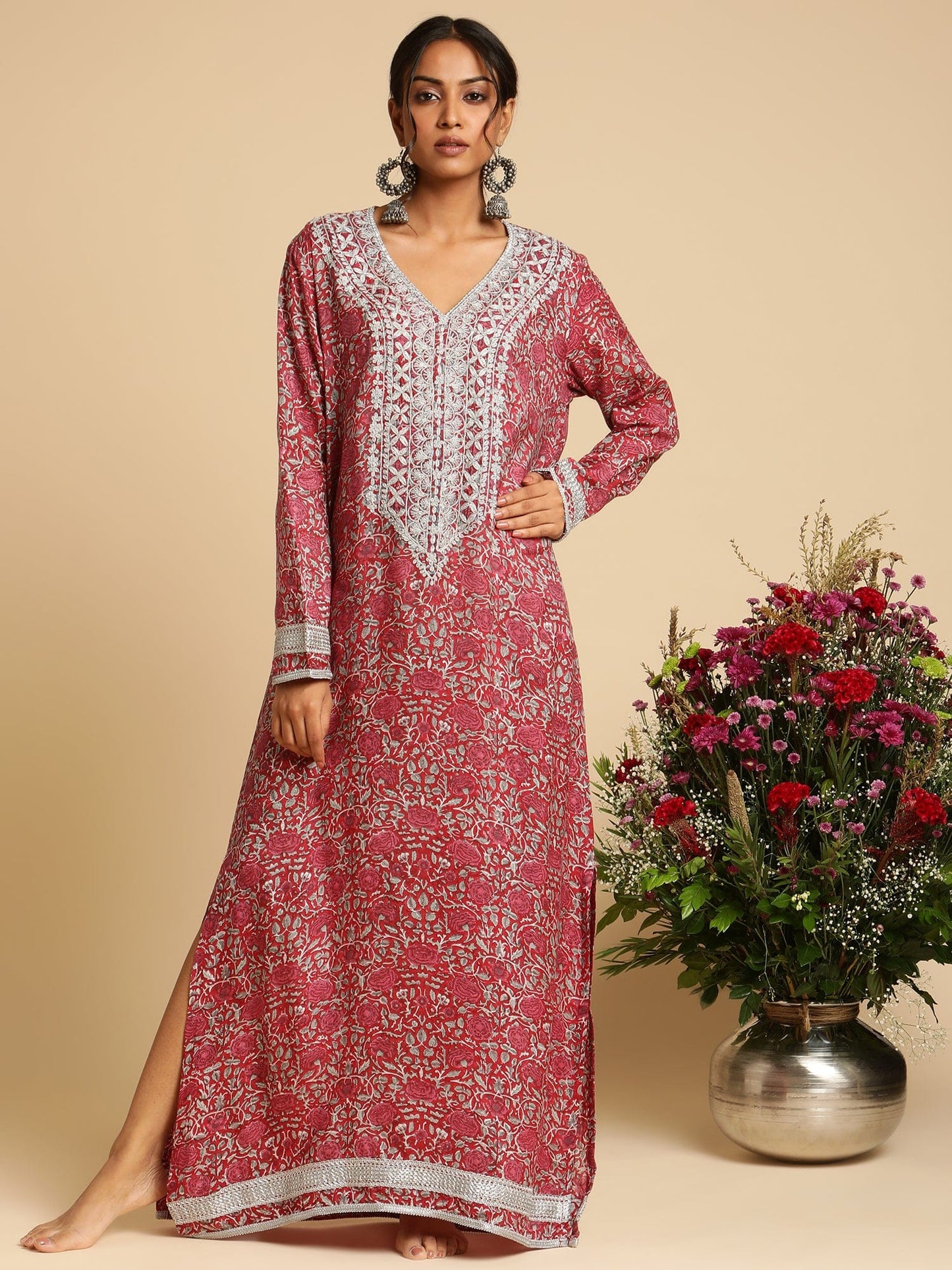 Red Rose Jaal Cotton Silk Hand Block Printed Kaftan