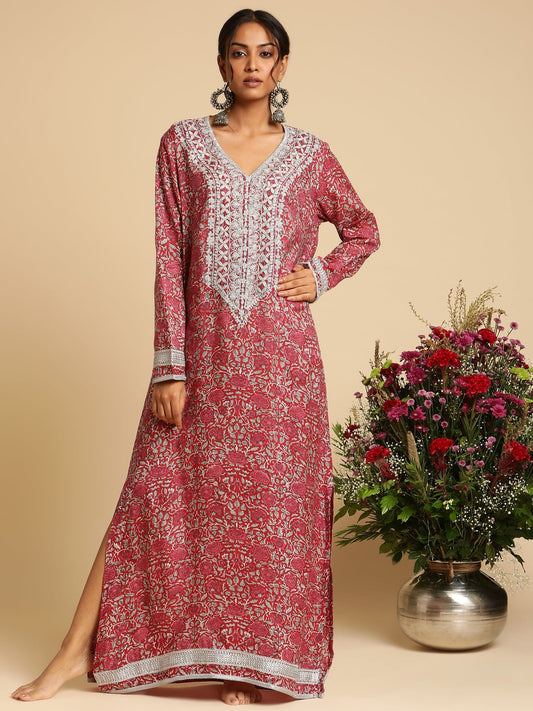 Red Rose Jaal Cotton Silk Hand Block Printed Kaftan