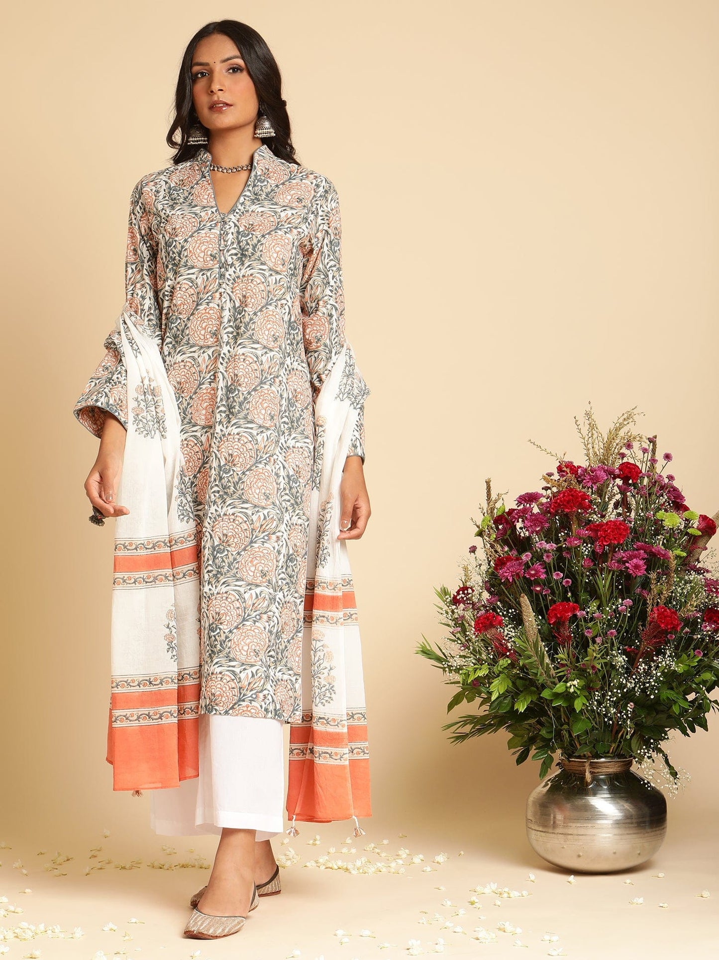 Peach Marigold Organic Cotton Hand Block Printed Kurta - (3 Pcs Set)