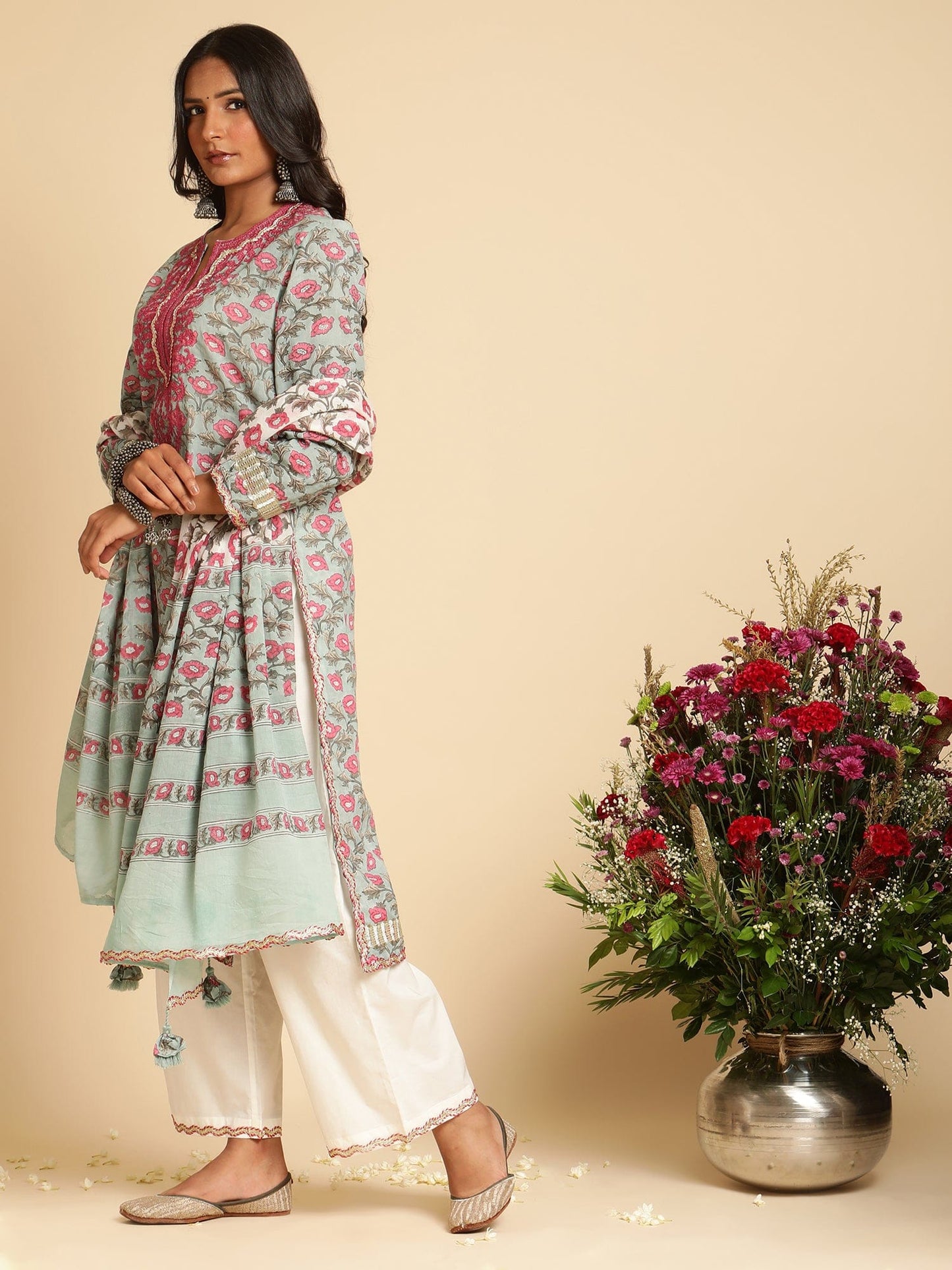 Slate Peony Embroidered Organic Cotton Hand Block Printed Kurta - (3 Pcs Set)