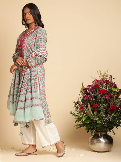 Slate Peony Embroidered Organic Cotton Hand Block Printed Kurta - (3 Pcs Set)