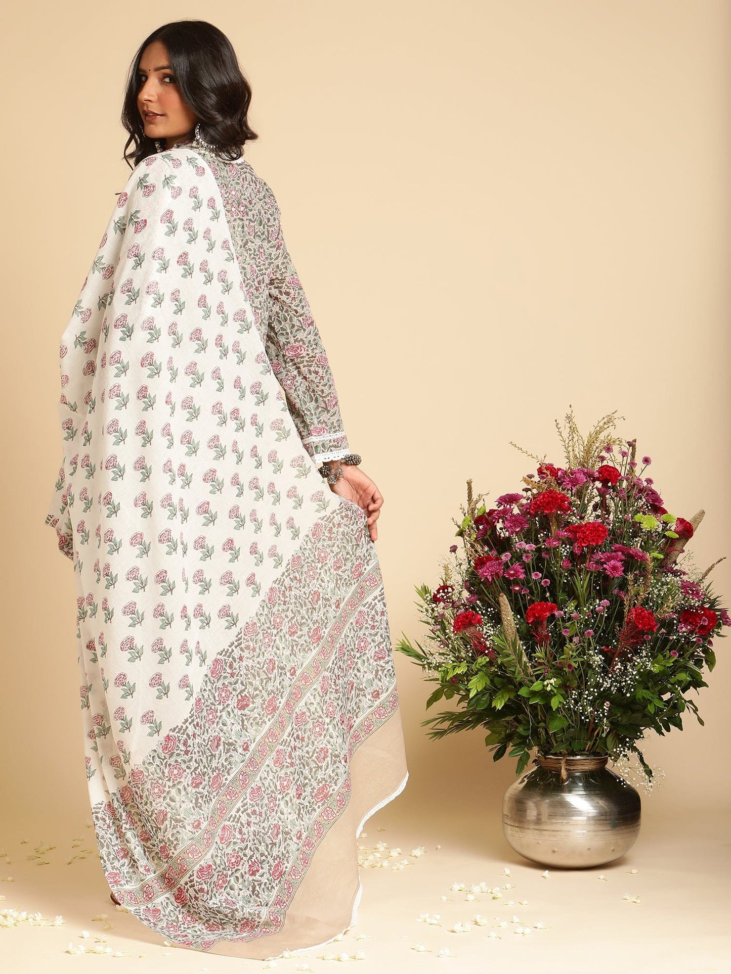 Taupe Rose Jaal Lace Cotton Hand Block Printed Kurta  - (3 Pcs Set)