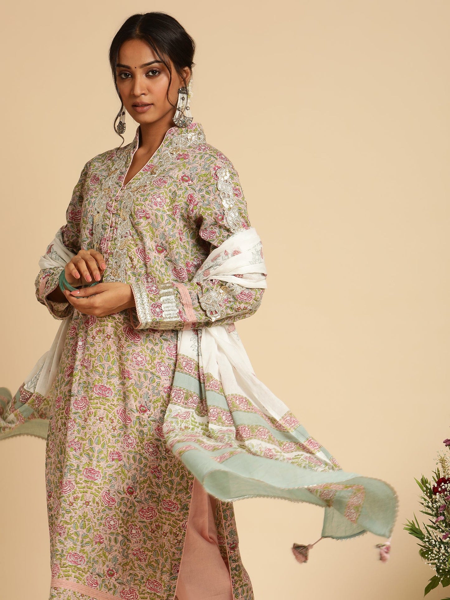 Pink Rose Jaal Gota Organic Cotton Hand Block Printed Kurta - (3 Pcs Set)