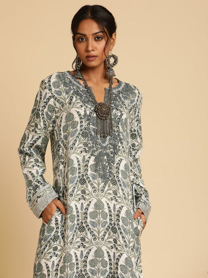 Indigo Blue Anaar Jaal Cotton Silk Hand Block Printed Kaftan