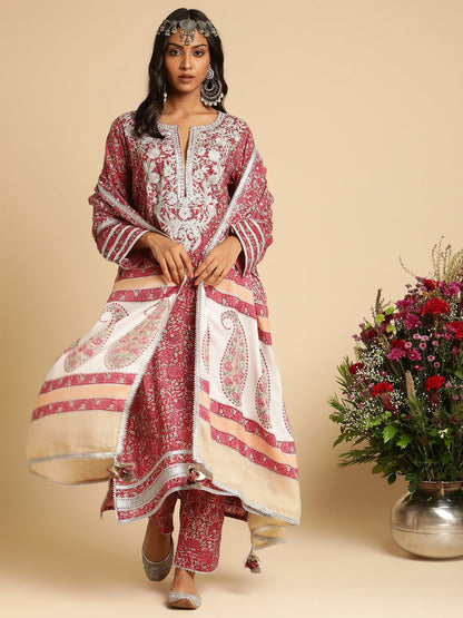 Red Rose Jaal Embroidered Cotton Silk Hand Block Printed Kurta  - (3 Pcs Set)