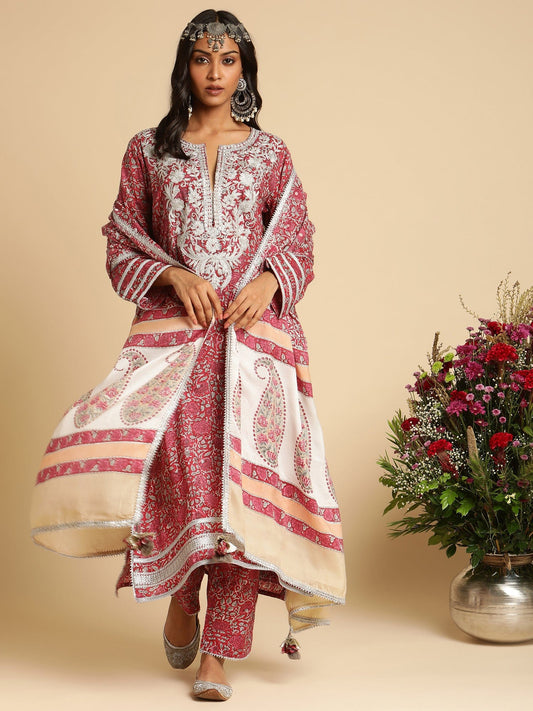 Red Rose Jaal Embroidered Cotton Silk Hand Block Printed Kurta  - (3 Pcs Set)