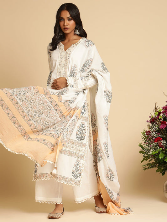 Peach Long Bootie Organic Cotton Hand Block Printed Kurta - (3 Pcs Set)