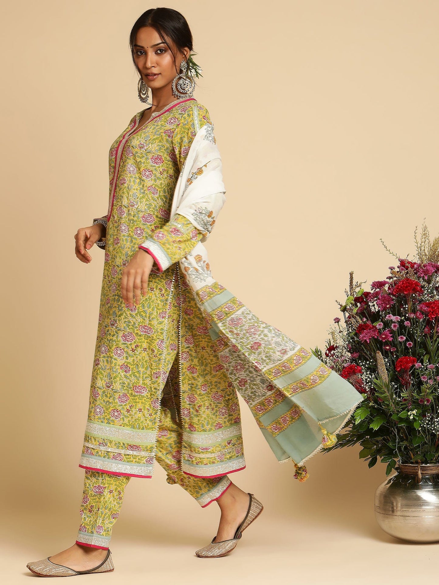 Yellow Rose Jaal Organic Cotton Hand Block Printed Kurta - (3 Pcs Set)