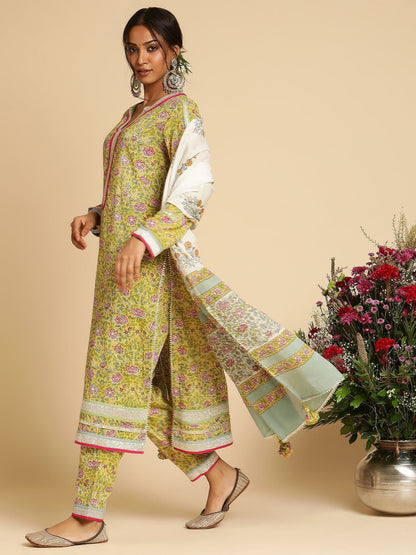 Yellow Rose Jaal Organic Cotton Hand Block Printed Kurta - (3 Pcs Set)