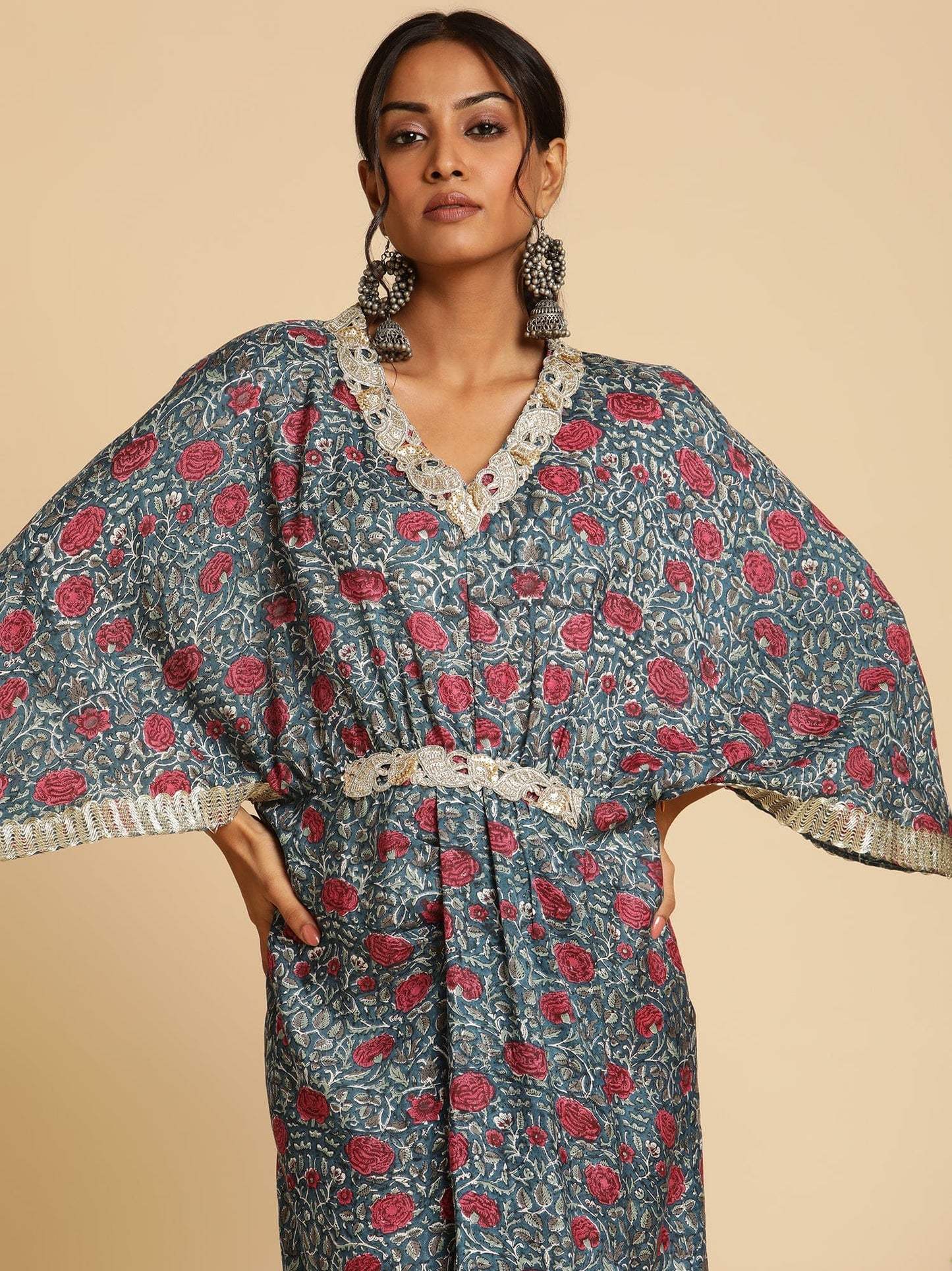 Indigo Blue Rose Jaal Cotton Silk Hand Block Printed Kaftan Dress