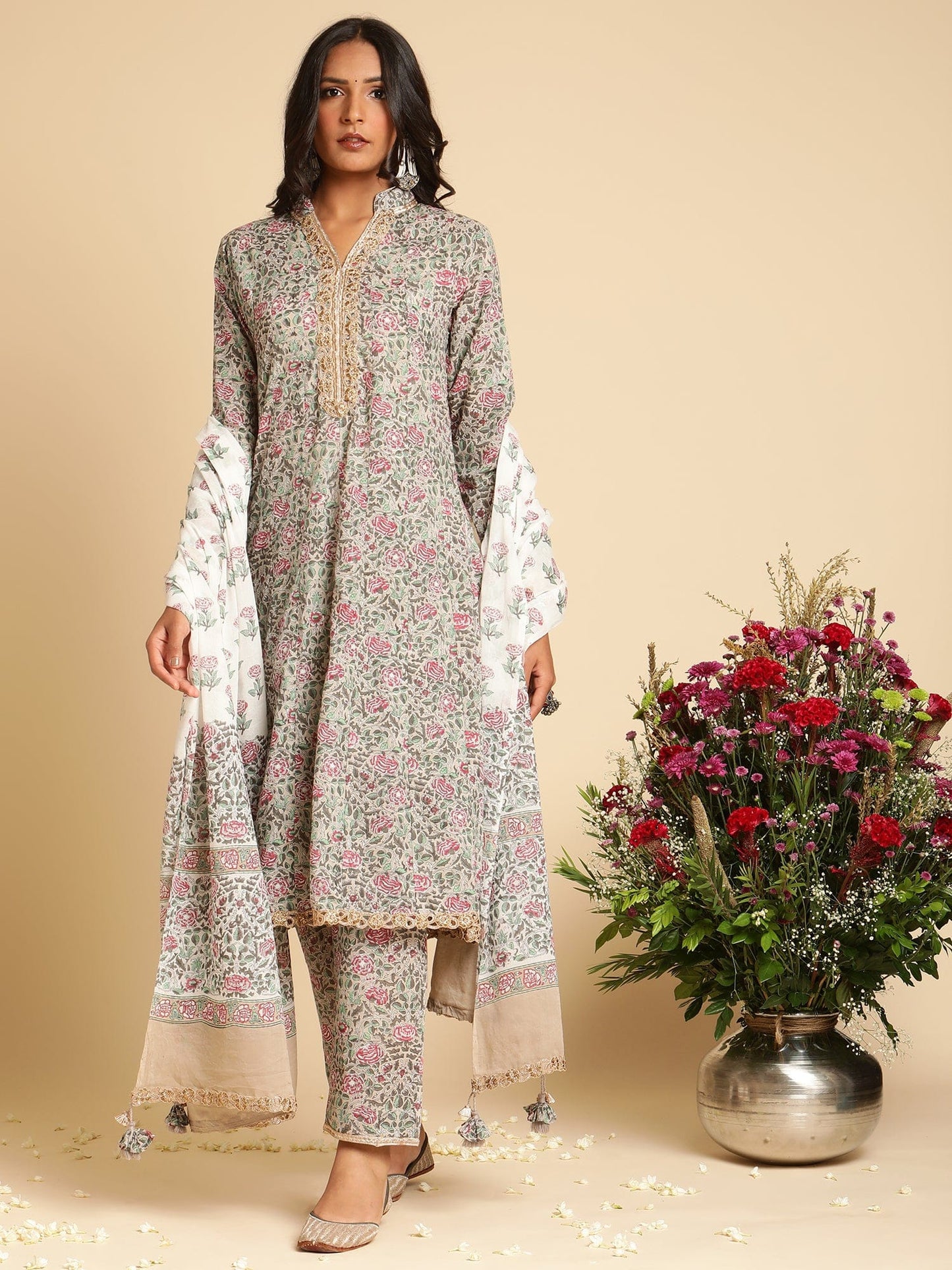 Taupe Rose Jaal Organic Cotton Hand Block Printed Kurta - (3 Pcs Set)
