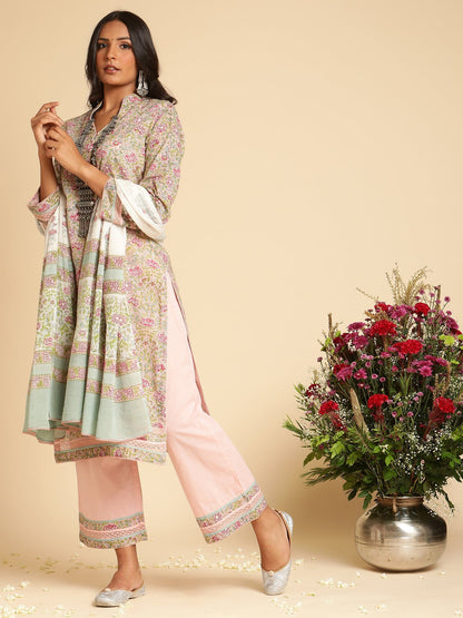 Pink Rose Jaal Lace Organic Cotton Hand Block Printed Kurta - (3 Pcs Set)