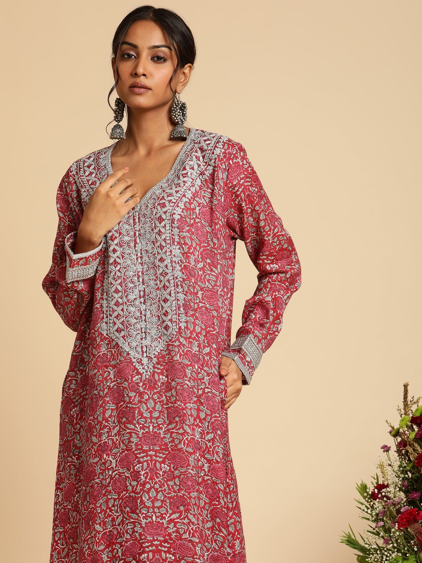Red Rose Jaal Cotton Silk Hand Block Printed Kaftan