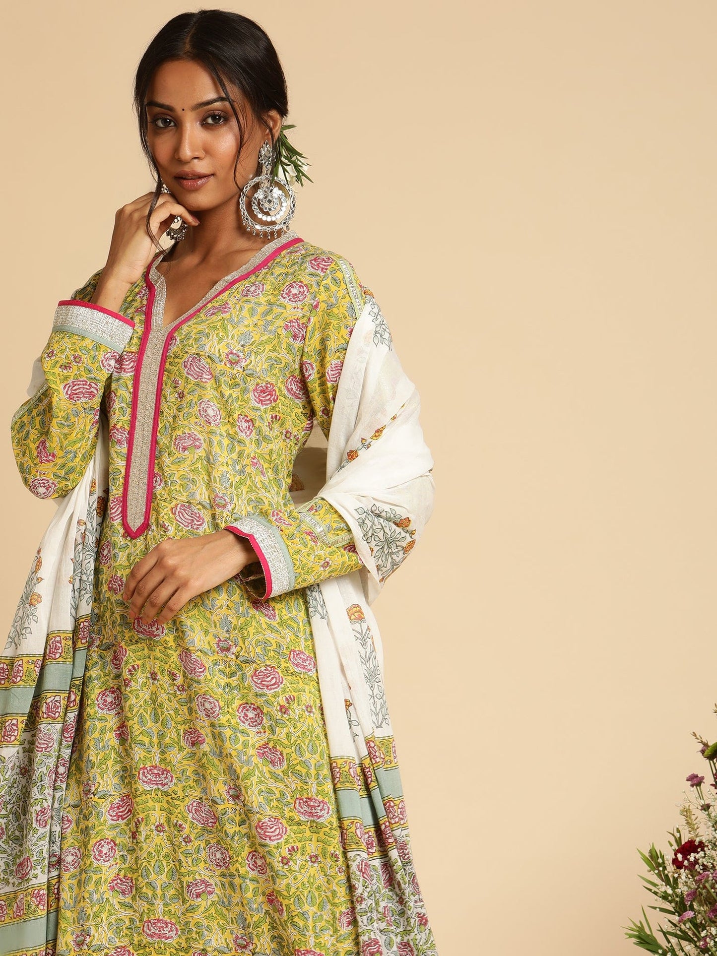 Yellow Rose Jaal Organic Cotton Hand Block Printed Kurta - (3 Pcs Set)