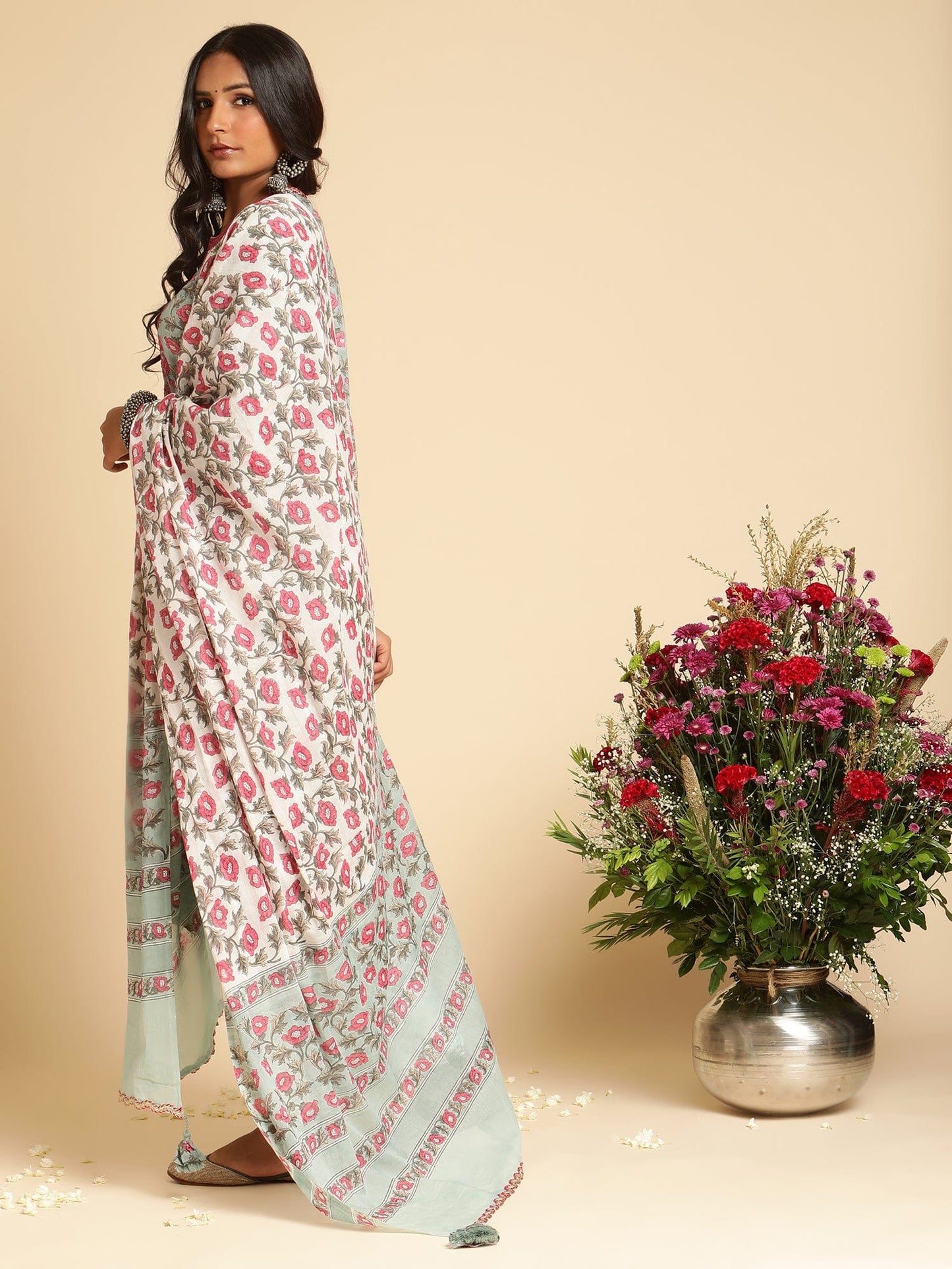 Slate Peony Embroidered Organic Cotton Hand Block Printed Kurta - (3 Pcs Set)