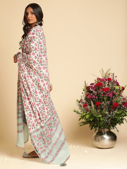 Slate Peony Embroidered Organic Cotton Hand Block Printed Kurta - (3 Pcs Set)