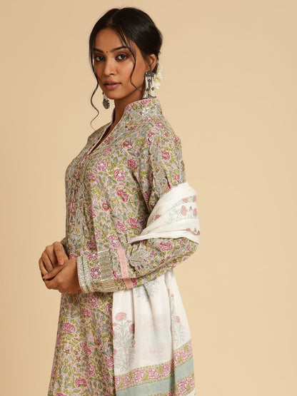 Pink Rose Jaal Gota Organic Cotton Hand Block Printed Kurta - (3 Pcs Set)