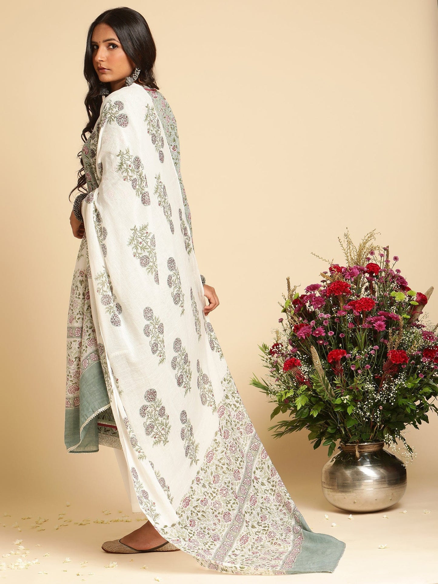 Slate Rose Jaal Organic Cotton Hand Block Printed Kurta - (3 Pcs Set)
