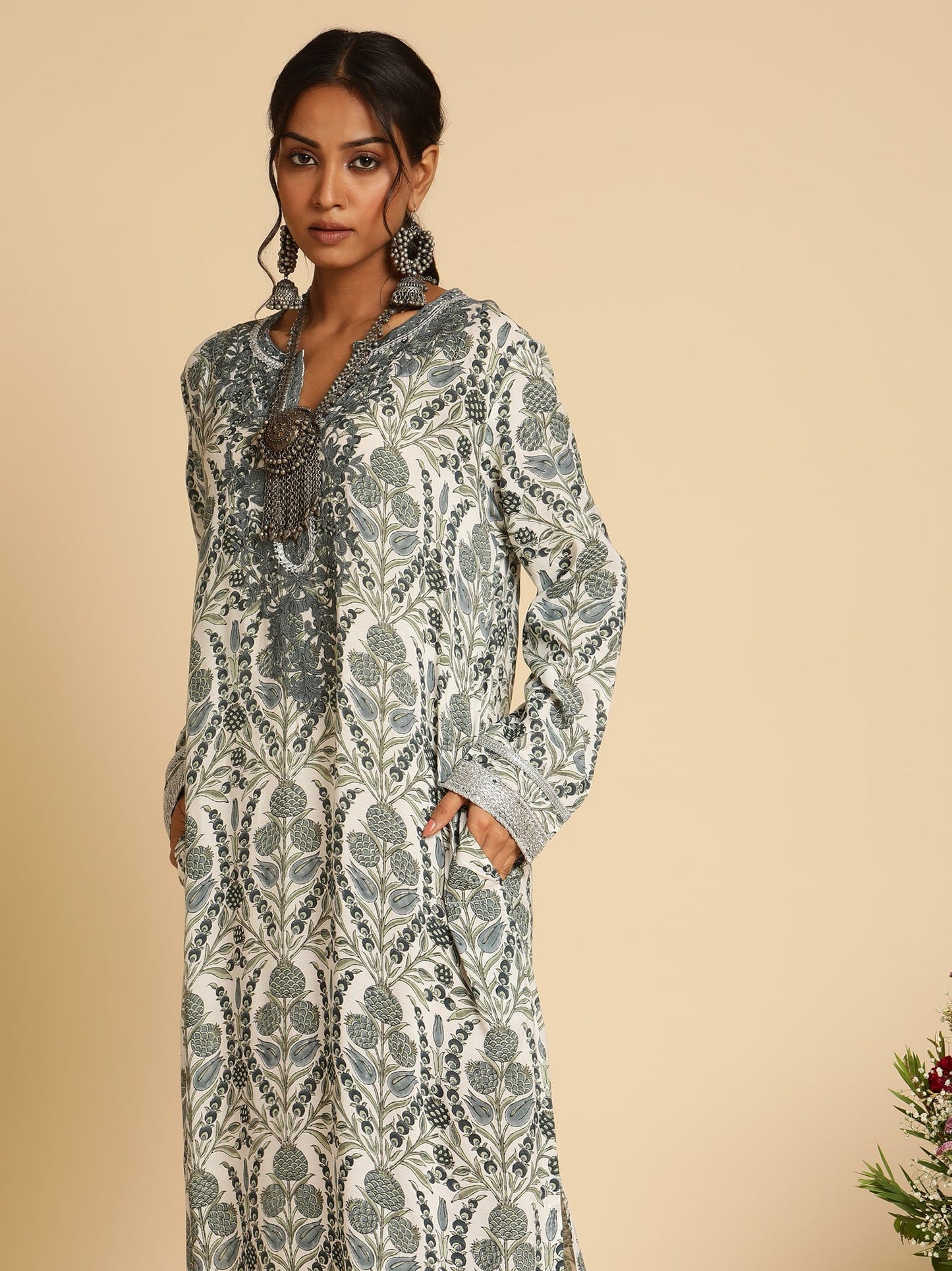 Indigo Blue Anaar Jaal Cotton Silk Hand Block Printed Kaftan