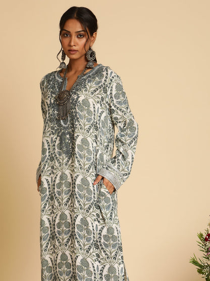 Indigo Blue Anaar Jaal Cotton Silk Hand Block Printed Kaftan