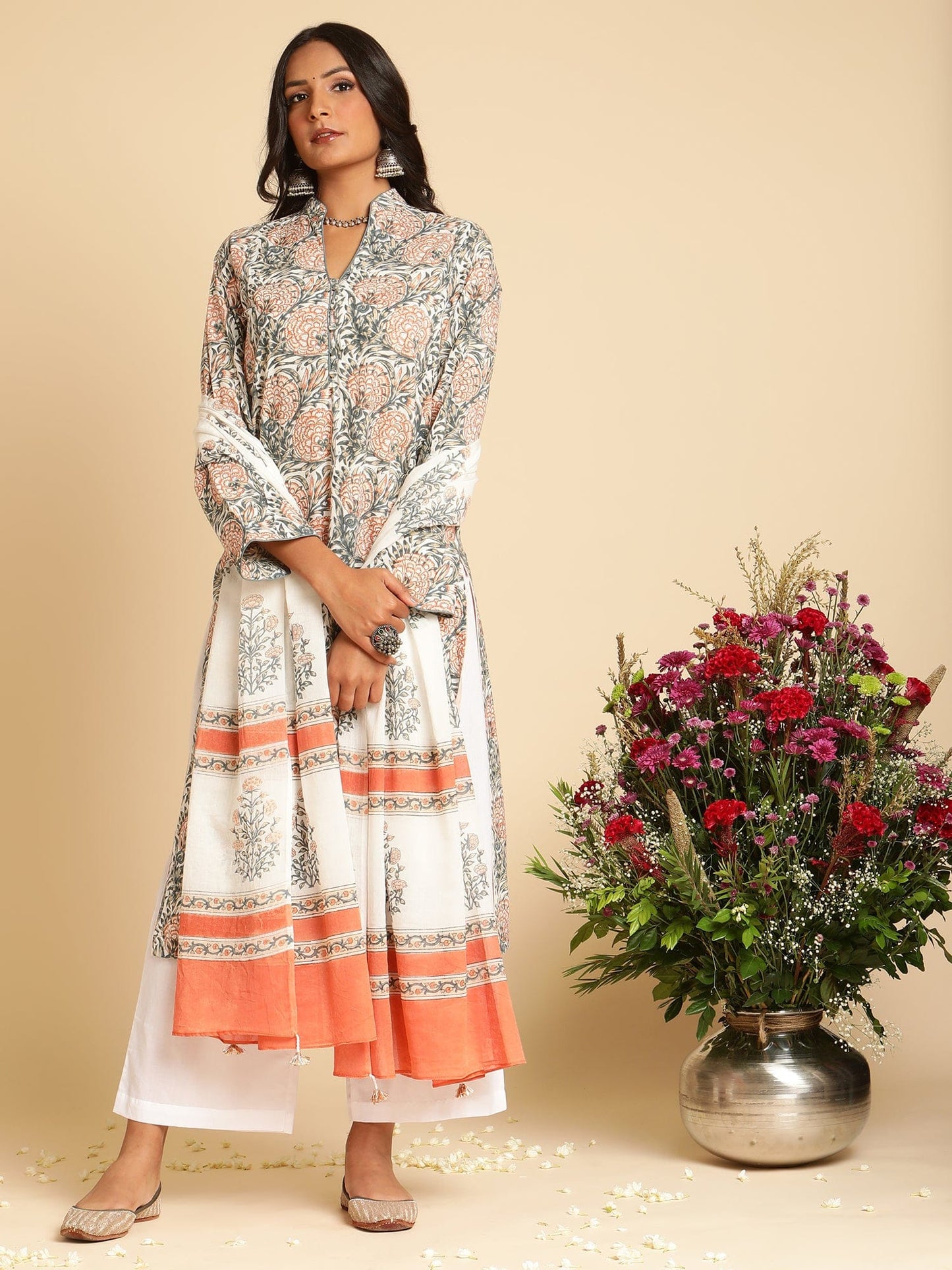 Peach Marigold Organic Cotton Hand Block Printed Kurta - (3 Pcs Set)