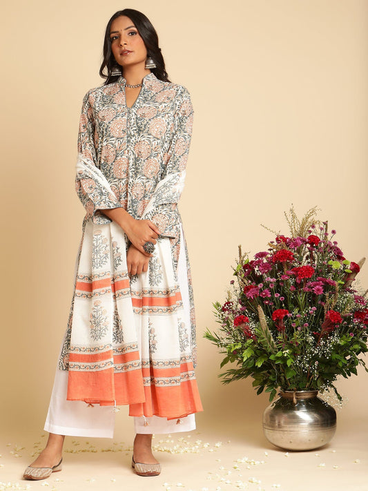 Peach Marigold Organic Cotton Hand Block Printed Kurta - (3 Pcs Set)