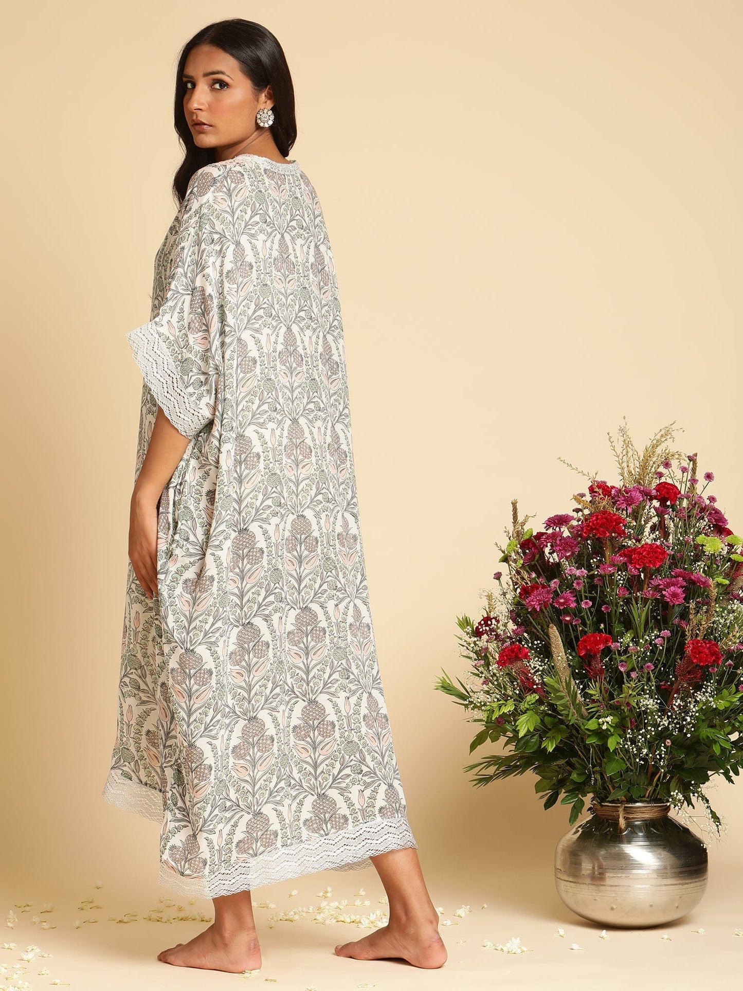 Blush Pink Anaar Jaal Cotton Silk Hand Block Printed Kaftan