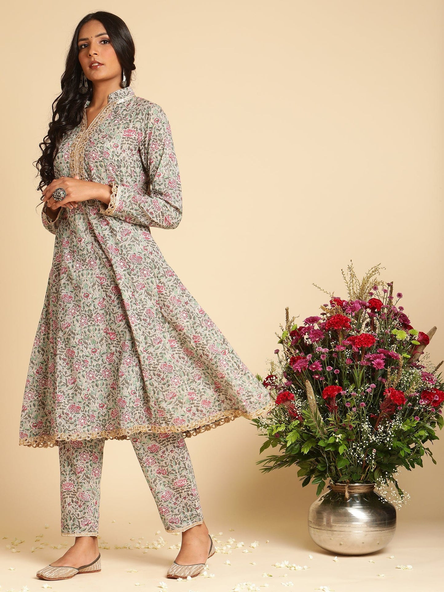 Taupe Rose Jaal Organic Cotton Hand Block Printed Kurta - (3 Pcs Set)