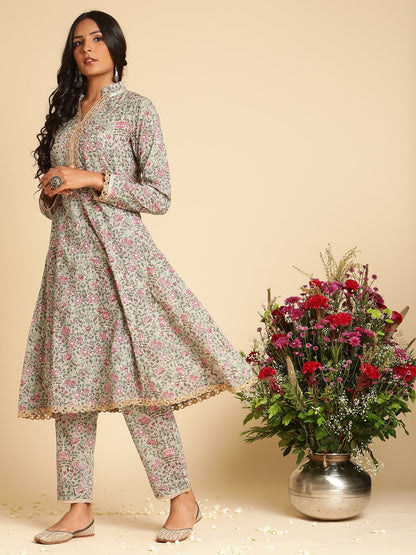 Taupe Rose Jaal Organic Cotton Hand Block Printed Kurta - (3 Pcs Set)