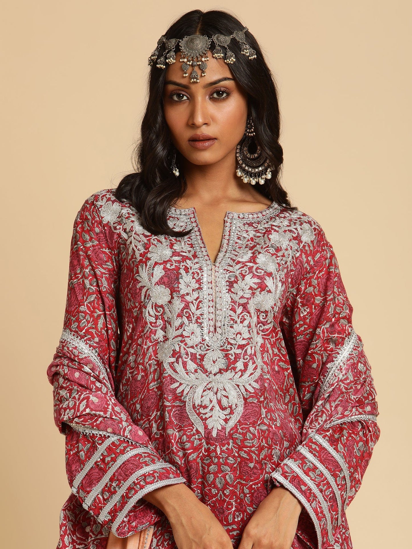 Red Rose Jaal Embroidered Cotton Silk Hand Block Printed Kurta  - (3 Pcs Set)