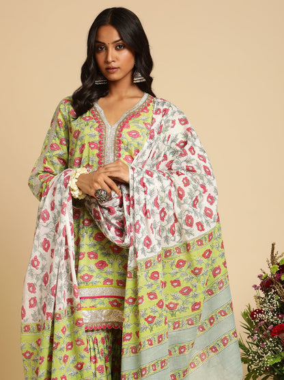 Lime Peony Organic Cotton Hand Block Printed Sharara- (3 Pcs Set)