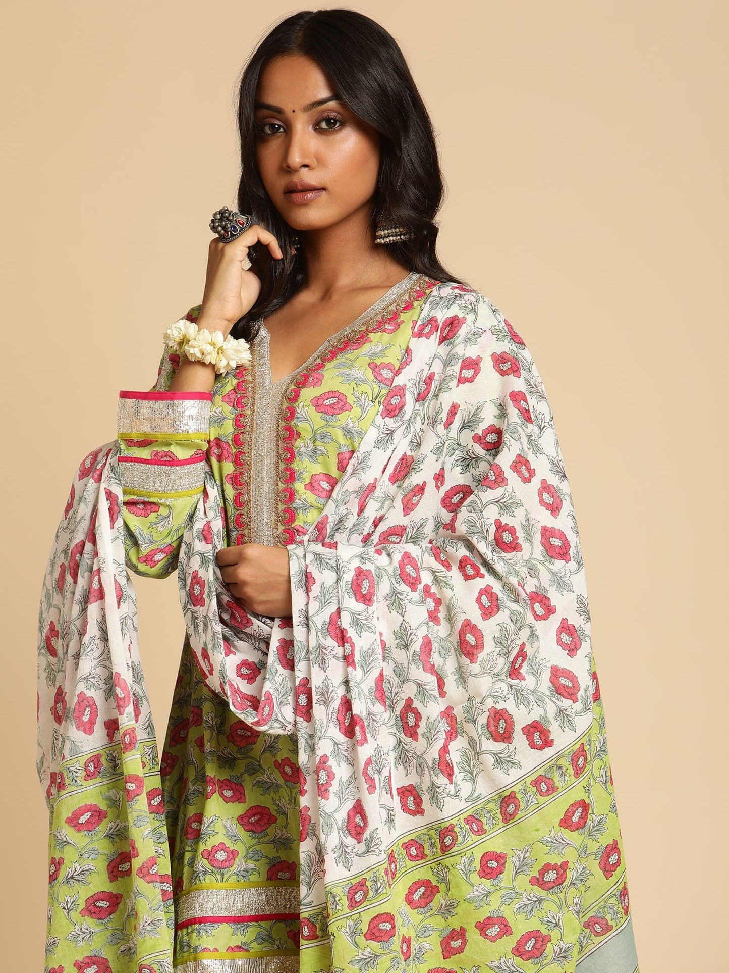 Lime Peony Organic Cotton Hand Block Printed Sharara- (3 Pcs Set)
