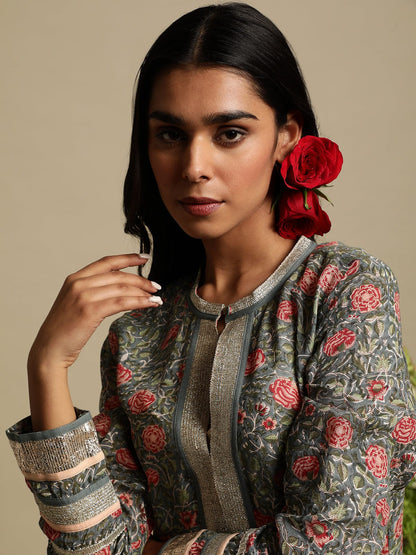 Grey Rose Jaal Cotton Silk Hand Block Printed Kaftan