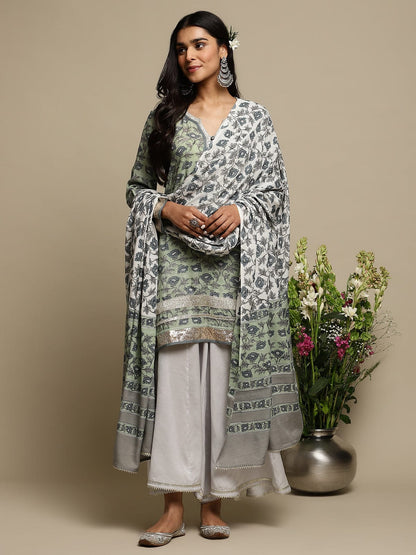 Light Green Peony Cotton Silk Hand Block Printed Sharara- (3 Pcs Set)