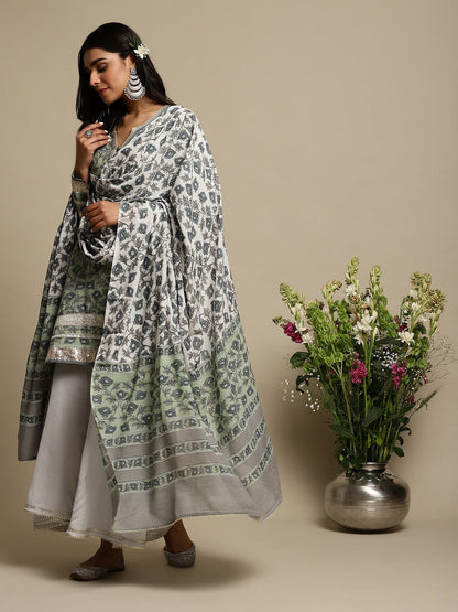 Light Green Peony Cotton Silk Hand Block Printed Sharara- (3 Pcs Set)