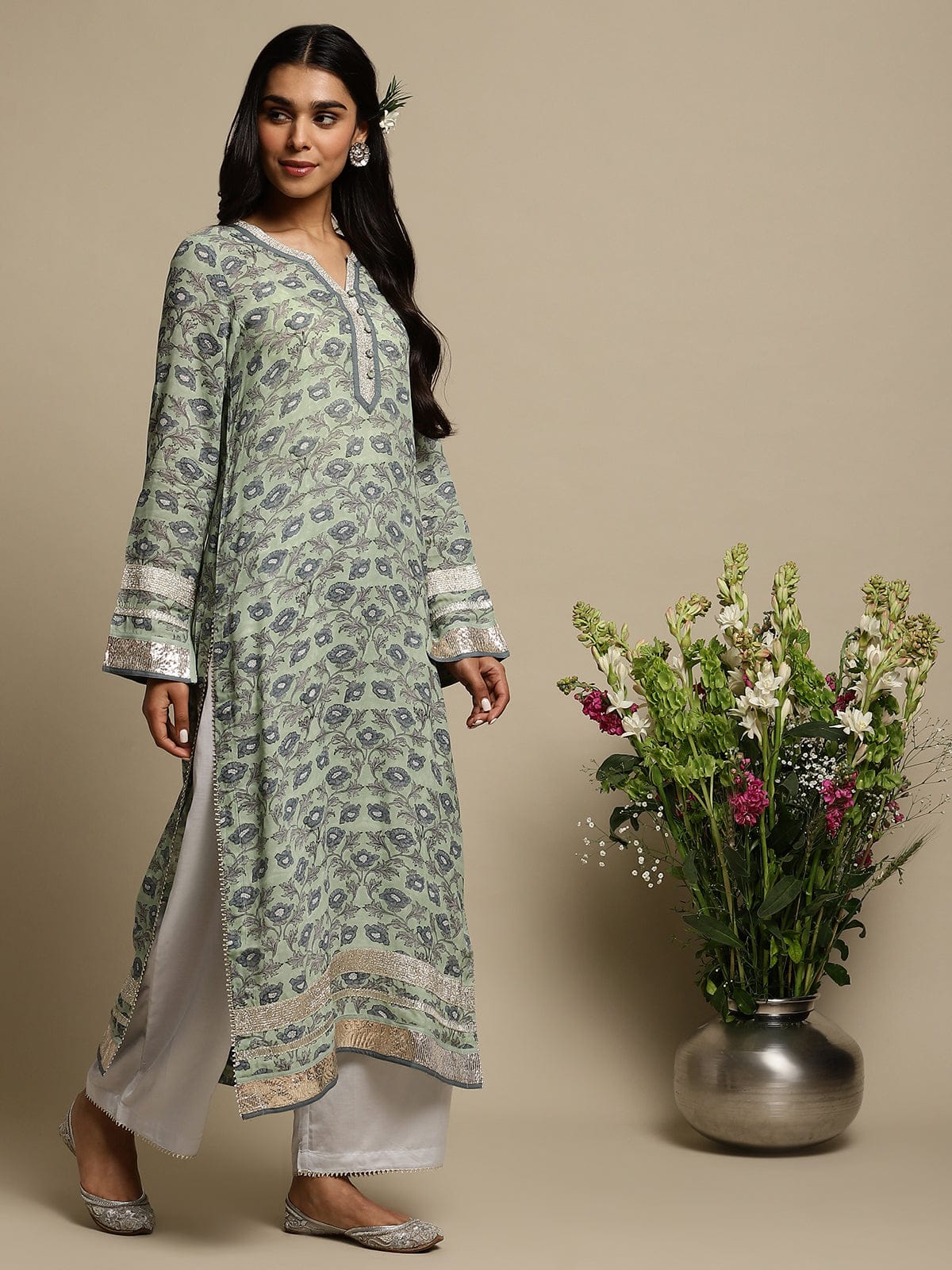 Light Green Peony Cotton Silk Hand Block Printed Kurta- (3 Pcs Set)
