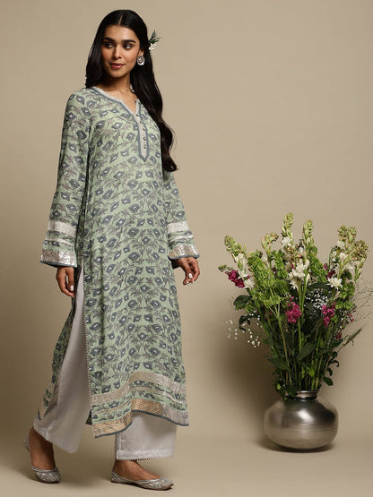 Light Green Peony Cotton Silk Hand Block Printed Kurta- (3 Pcs Set)