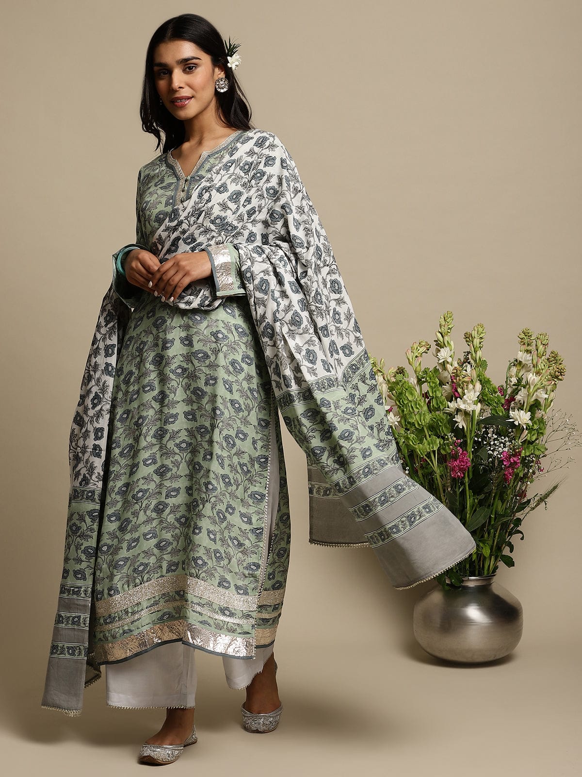 Light Green Peony Cotton Silk Hand Block Printed Kurta- (3 Pcs Set)