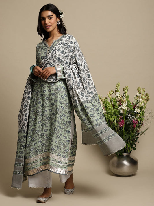 Light Green Peony Cotton Silk Hand Block Printed Kurta- (3 Pcs Set)
