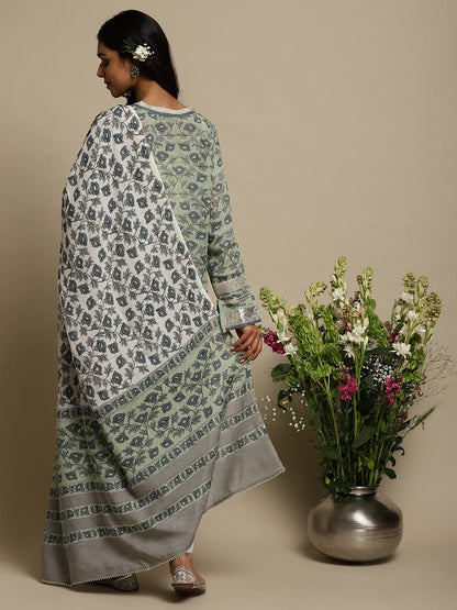 Light Green Peony Cotton Silk Hand Block Printed Kurta- (3 Pcs Set)