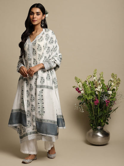 Grey Paisley Bootie Cotton Silk Hand Block Printed Kurta- (3 Pcs Set)
